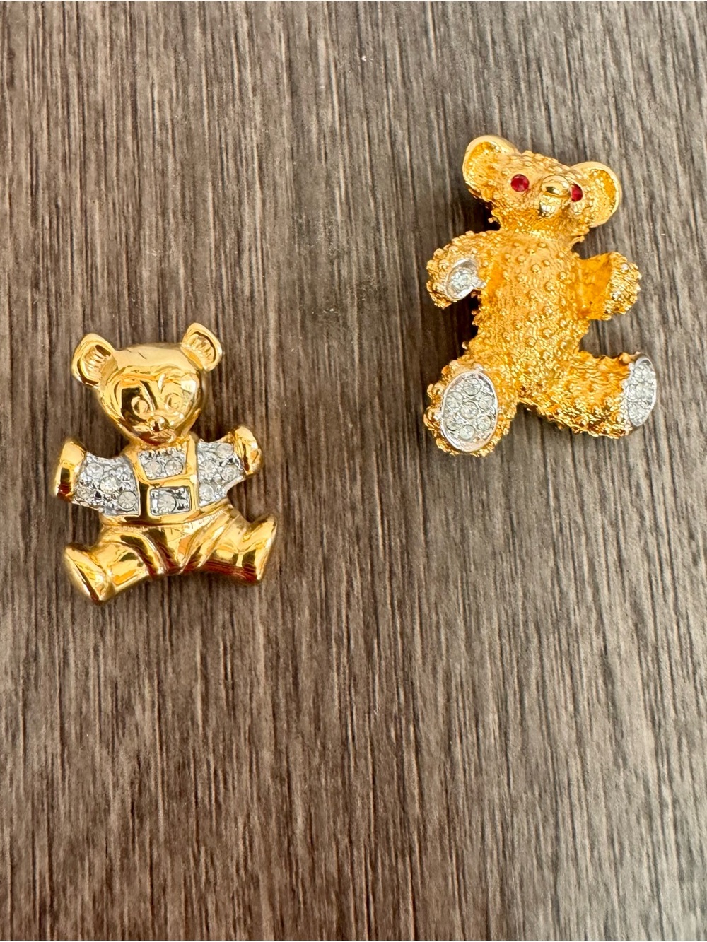 Vintage Teddy Bear Brooch Set Gold Tone Rhinestone Crystal Bear Pins 90s